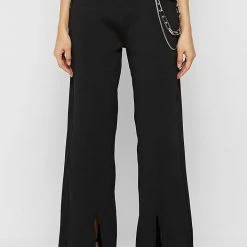 Woman Trousers Ribbed Wide Leg Trousers With Chain - Black