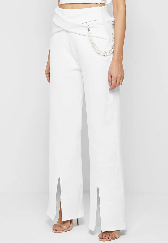 Woman Trousers Ribbed Wide Leg Trousers With Chain - Off White