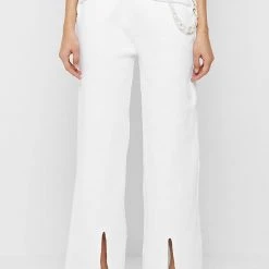 Woman Trousers Ribbed Wide Leg Trousers With Chain - Off White
