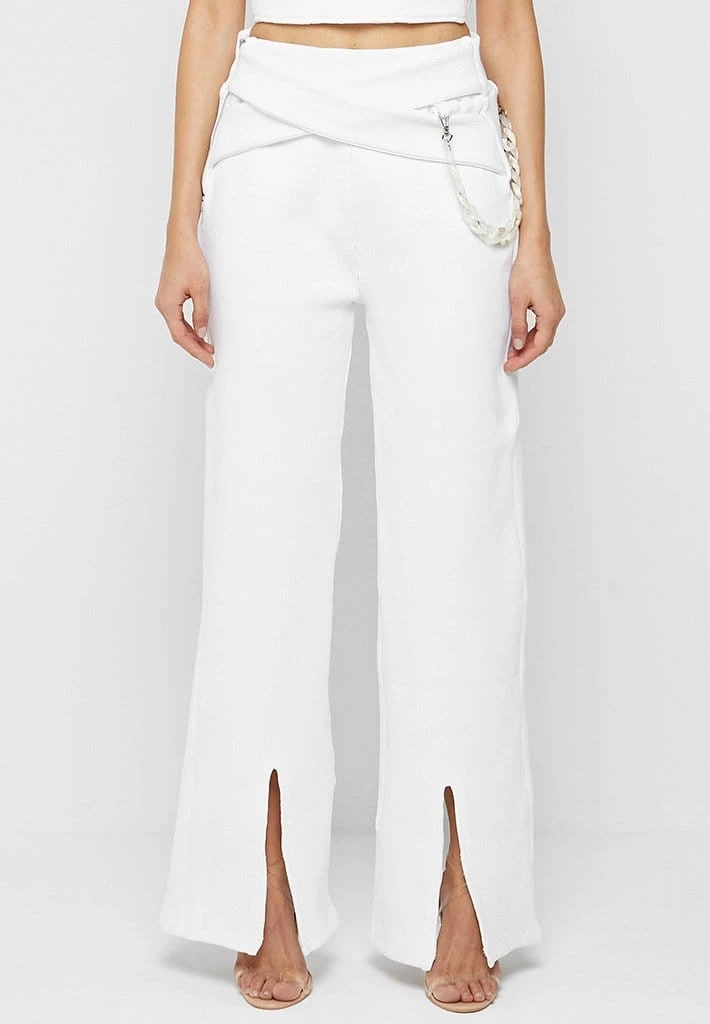 Woman Trousers Ribbed Wide Leg Trousers With Chain - Off White