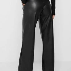 Woman Trousers Rope Detail Vegan Leather Wide Leg Trousers - Black