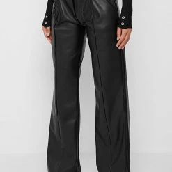 Woman Trousers Rope Detail Vegan Leather Wide Leg Trousers - Black