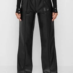 Woman Trousers Rope Detail Vegan Leather Wide Leg Trousers - Black