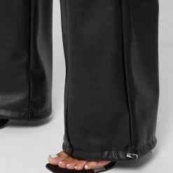 Woman Trousers Rope Detail Vegan Leather Wide Leg Trousers - Black