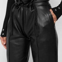 Woman Trousers Rope Detail Vegan Leather Wide Leg Trousers - Black