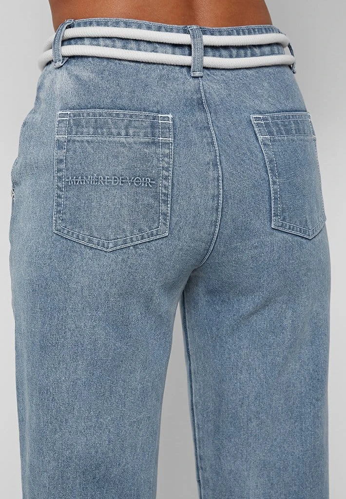 Woman Denim Rope Waist Mom Jeans - Mid Blue