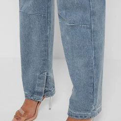 Woman Denim Rope Waist Mom Jeans - Mid Blue