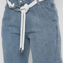 Woman Denim Rope Waist Mom Jeans - Mid Blue
