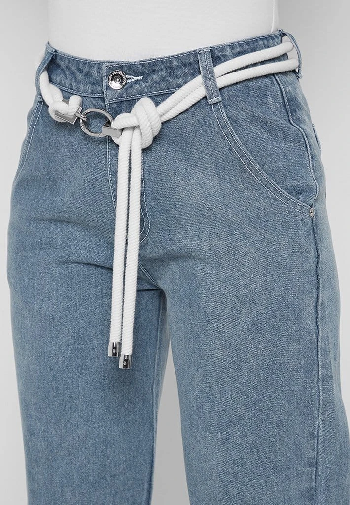 Woman Denim Rope Waist Mom Jeans - Mid Blue
