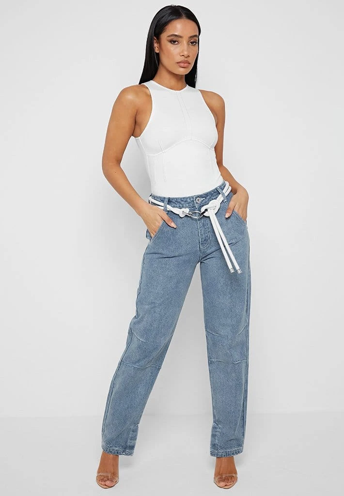 Woman Denim Rope Waist Mom Jeans - Mid Blue