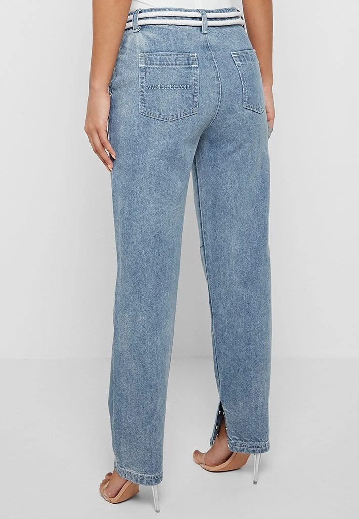 Woman Denim Rope Waist Mom Jeans - Mid Blue