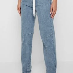 Woman Denim Rope Waist Mom Jeans - Mid Blue