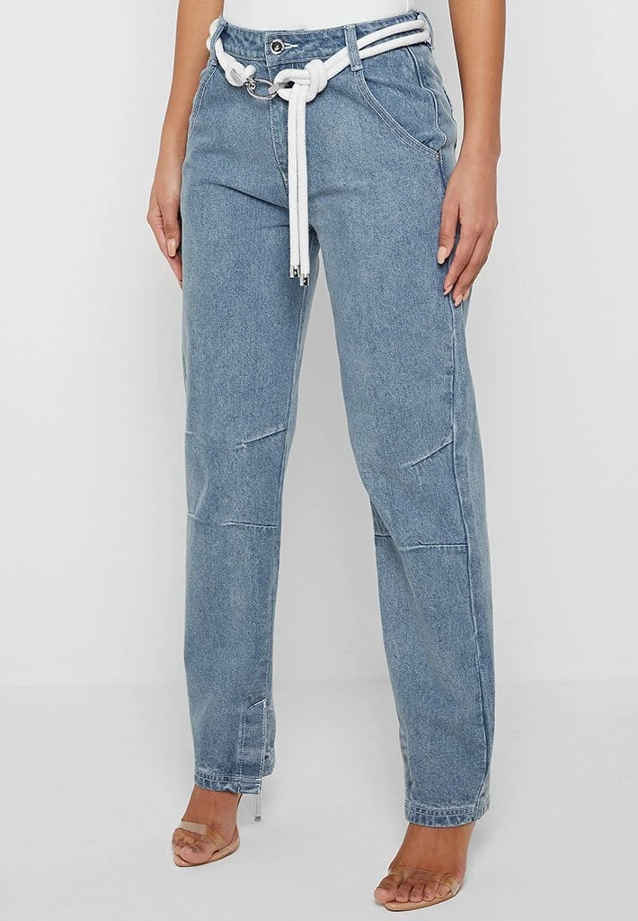 Woman Denim Rope Waist Mom Jeans - Mid Blue