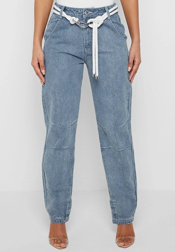 Woman Denim Rope Waist Mom Jeans - Mid Blue