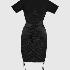 Woman Dresses Ruched Satin T-Shirt Dress - Black