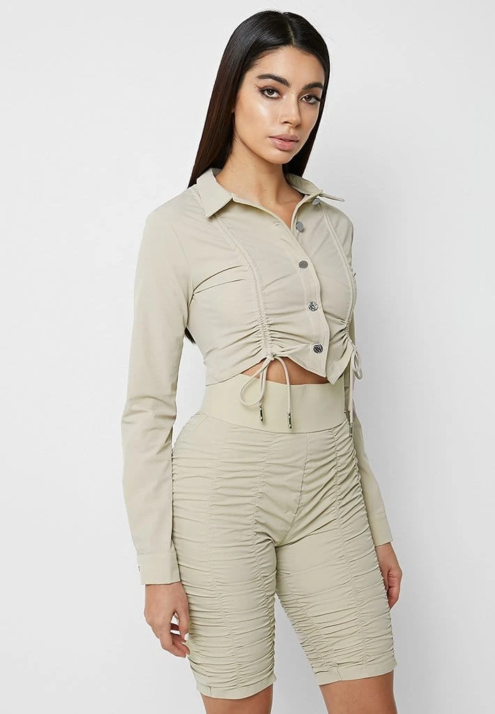 Woman Shorts Ruched Cycling Shorts - Beige