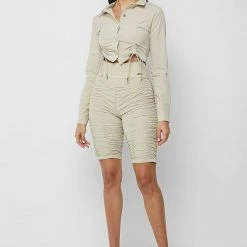 Woman Shorts Ruched Cycling Shorts - Beige