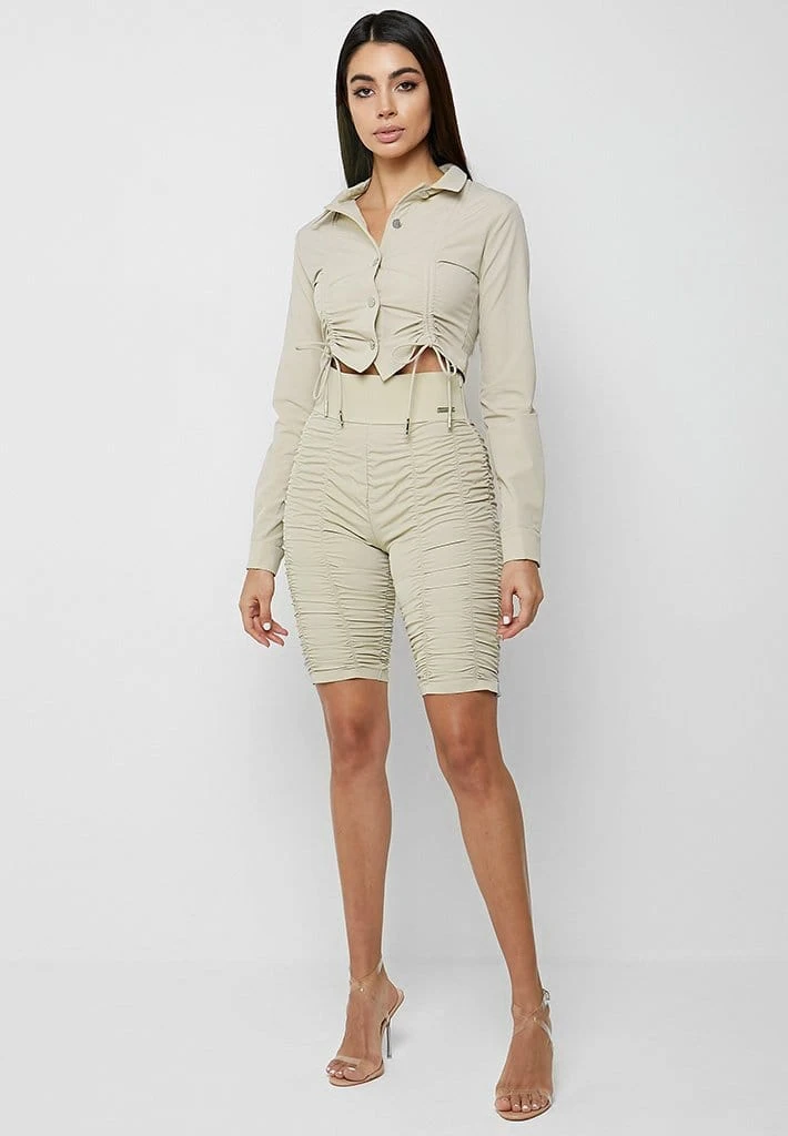Woman Shorts Ruched Cycling Shorts - Beige