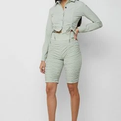 Woman Shorts Ruched Cycling Shorts - Sage Green CO-ORDS