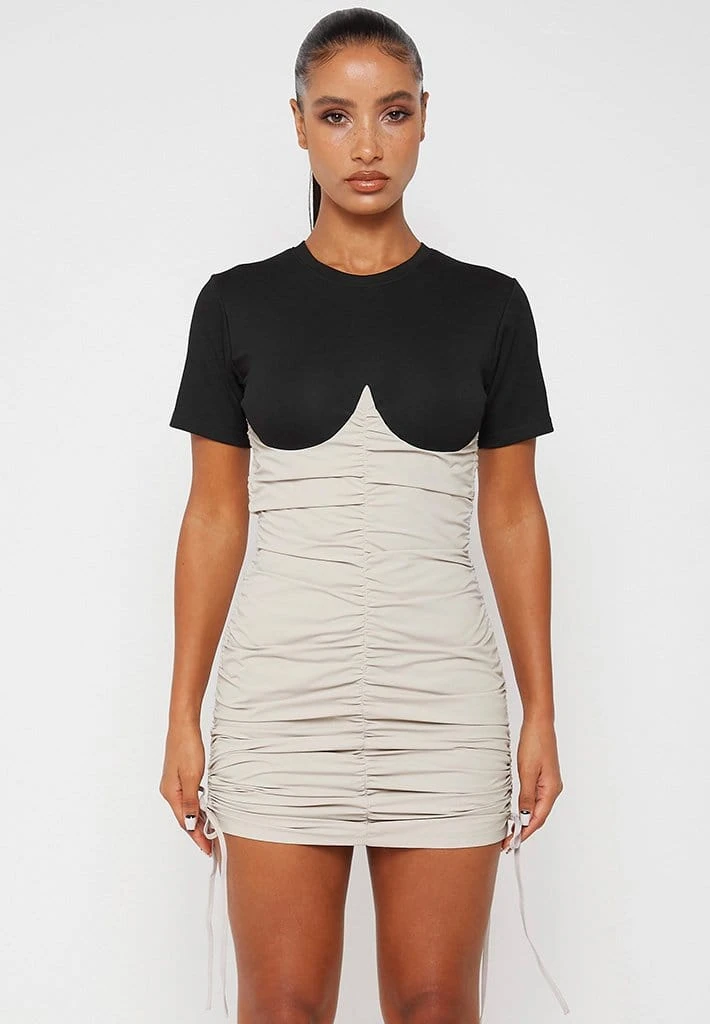 Woman Dresses Ruched Bandeau T Shirt Dress - Black/Beige