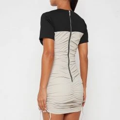 Woman Dresses Ruched Bandeau T Shirt Dress - Black/Beige