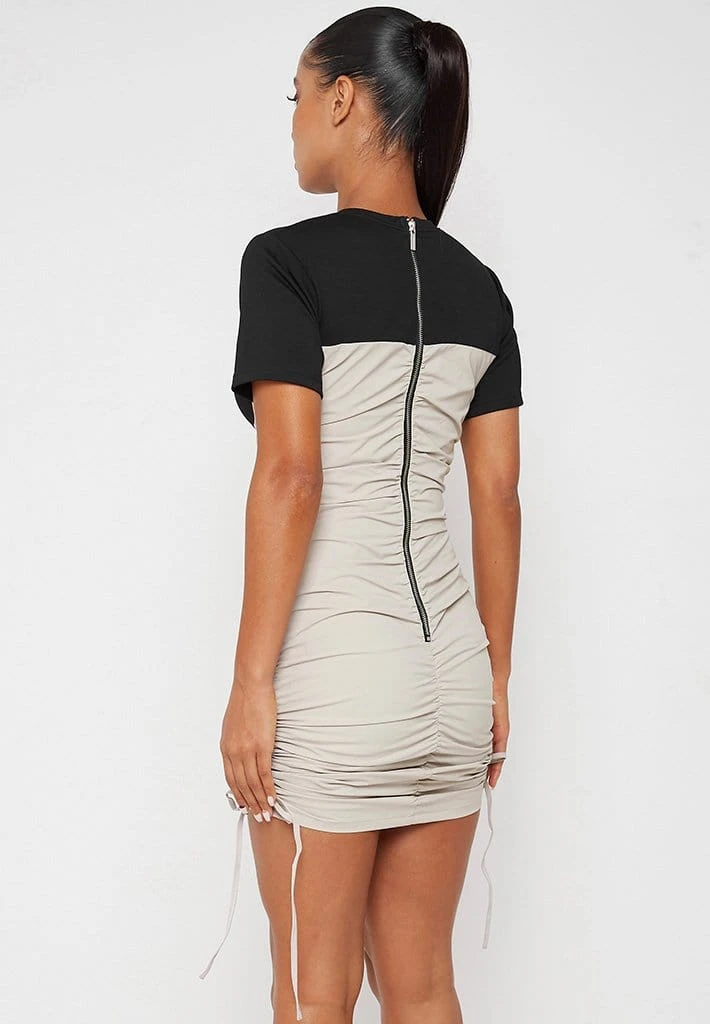 Woman Dresses Ruched Bandeau T Shirt Dress - Black/Beige