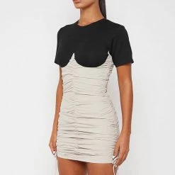 Woman Dresses Ruched Bandeau T Shirt Dress - Black/Beige