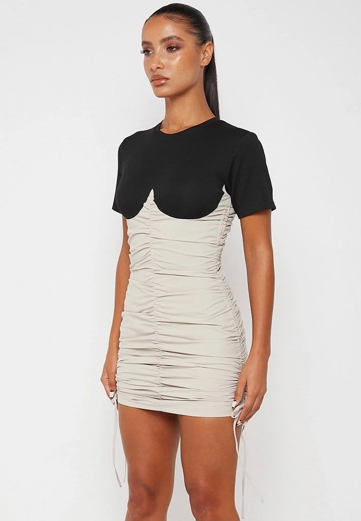Woman Dresses Ruched Bandeau T Shirt Dress - Black/Beige