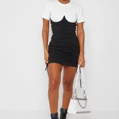 Woman Dresses Ruched Bandeau T Shirt Dress - White/Black