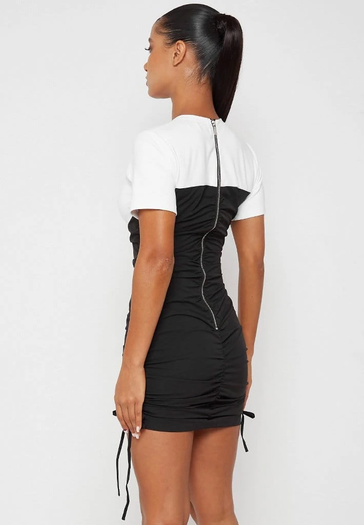 Woman Dresses Ruched Bandeau T Shirt Dress - White/Black