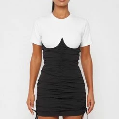 Woman Dresses Ruched Bandeau T Shirt Dress - White/Black