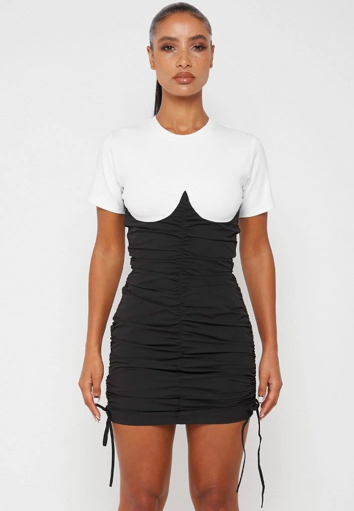 Woman Dresses Ruched Bandeau T Shirt Dress - White/Black
