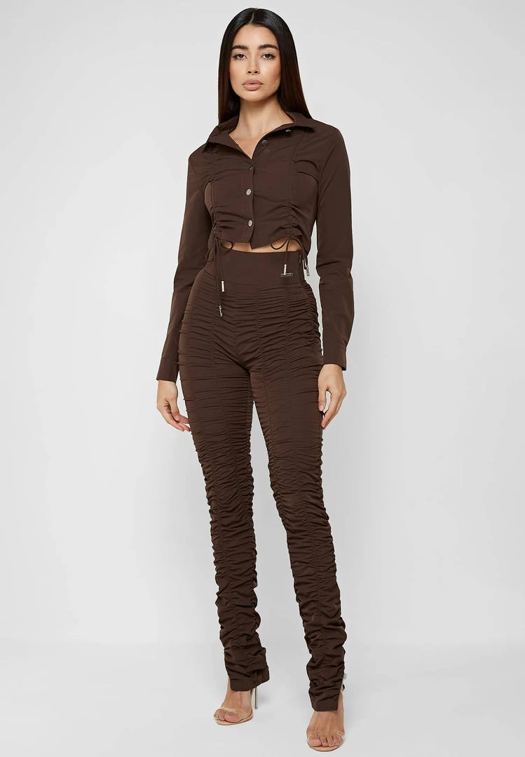 Woman Shirts Ruched Detail Shirt - Chocolate Brown