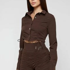 Woman Shirts Ruched Detail Shirt - Chocolate Brown