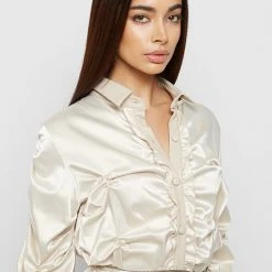 Woman Dresses Ruched Satin Shirt Dress - Beige