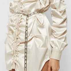 Woman Dresses Ruched Satin Shirt Dress - Beige