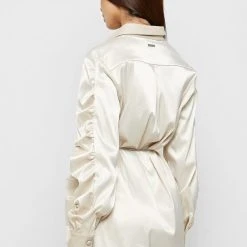 Woman Dresses Ruched Satin Shirt Dress - Beige