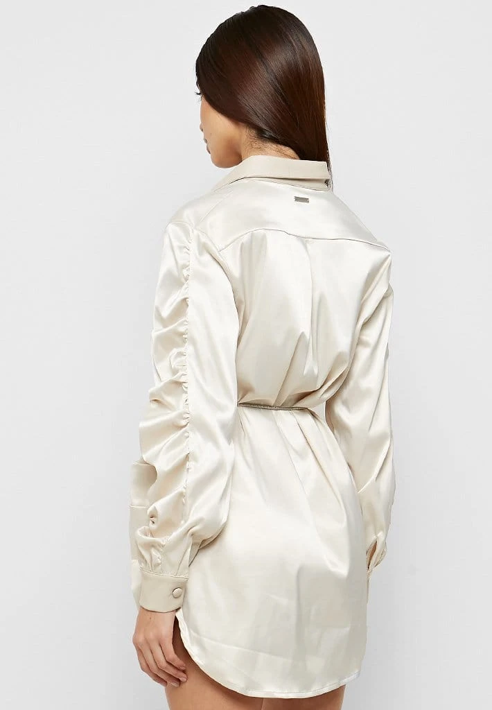 Woman Dresses Ruched Satin Shirt Dress - Beige