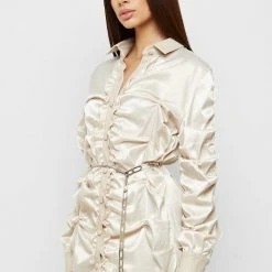 Woman Dresses Ruched Satin Shirt Dress - Beige