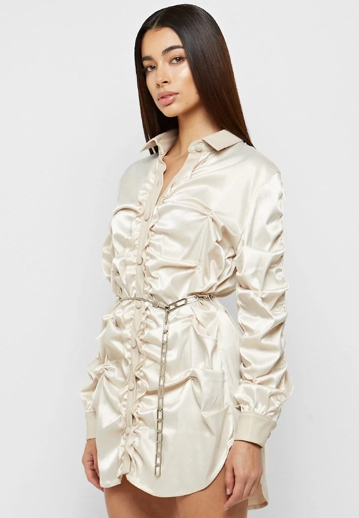 Woman Dresses Ruched Satin Shirt Dress - Beige