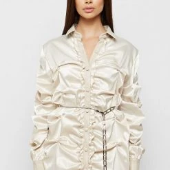 Woman Dresses Ruched Satin Shirt Dress - Beige