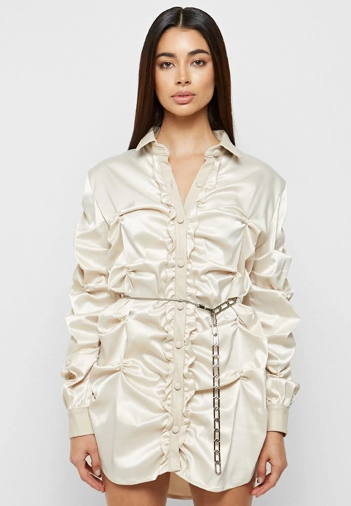 Woman Dresses Ruched Satin Shirt Dress - Beige