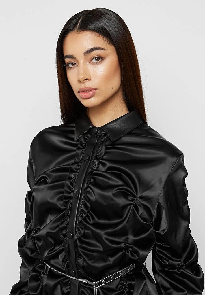 Woman Dresses Ruched Satin Shirt Dress - Black