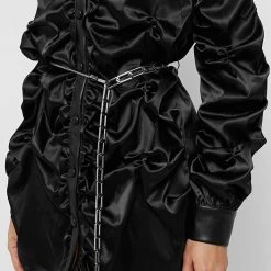 Woman Dresses Ruched Satin Shirt Dress - Black