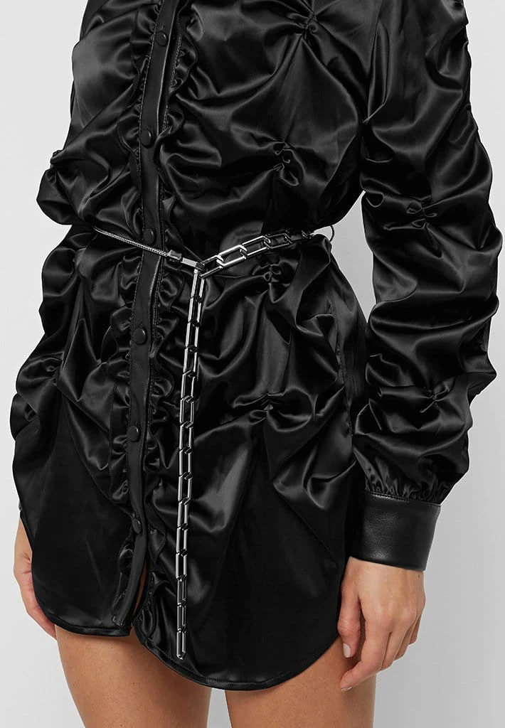 Woman Dresses Ruched Satin Shirt Dress - Black