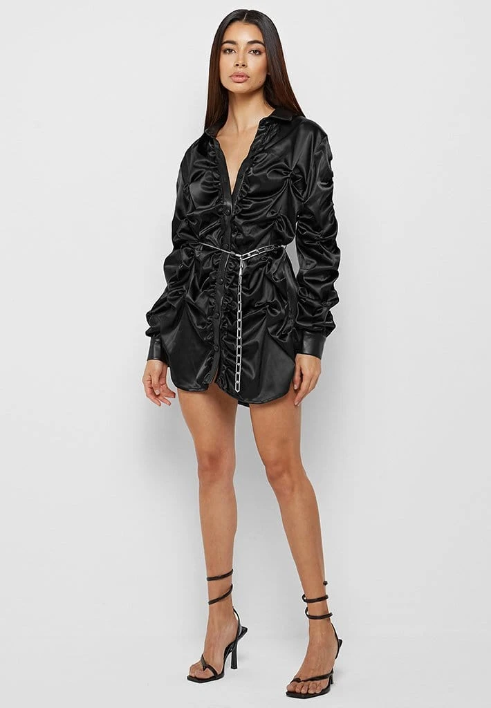 Woman Dresses Ruched Satin Shirt Dress - Black