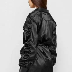 Woman Dresses Ruched Satin Shirt Dress - Black