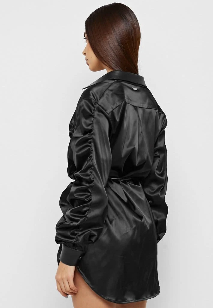 Woman Dresses Ruched Satin Shirt Dress - Black