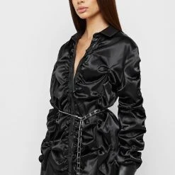 Woman Dresses Ruched Satin Shirt Dress - Black