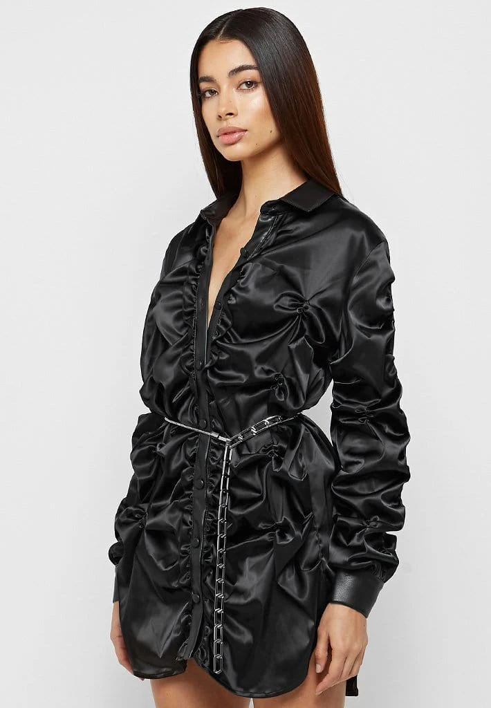Woman Dresses Ruched Satin Shirt Dress - Black